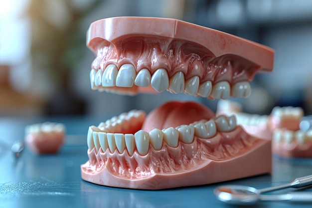 写真 青い背景の歯科モデルと歯科機器の画像 歯科衛生の概念画像