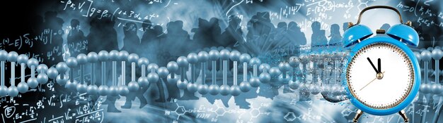 写真 バイオテクノロジーの背景に dna 鎖の画像と、片側に粒子が崩壊する時計の 3 d 図