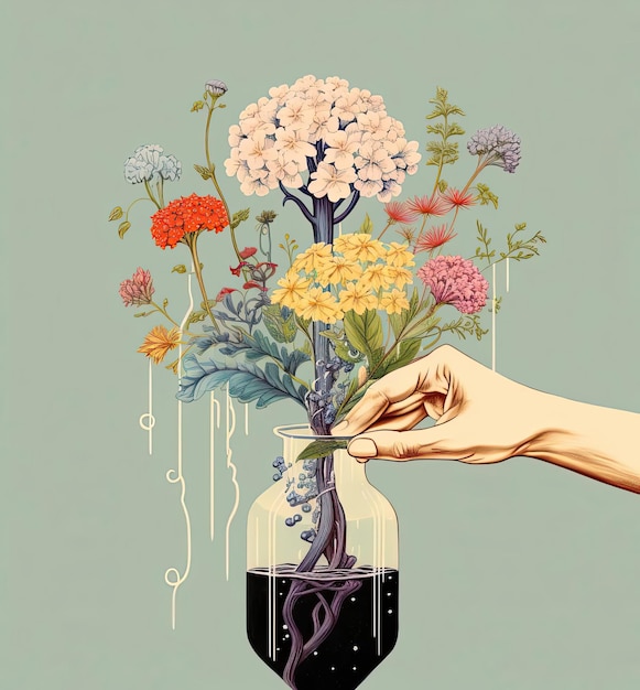 写真 image of hand watering a brain with flowers in the style of organic compositions