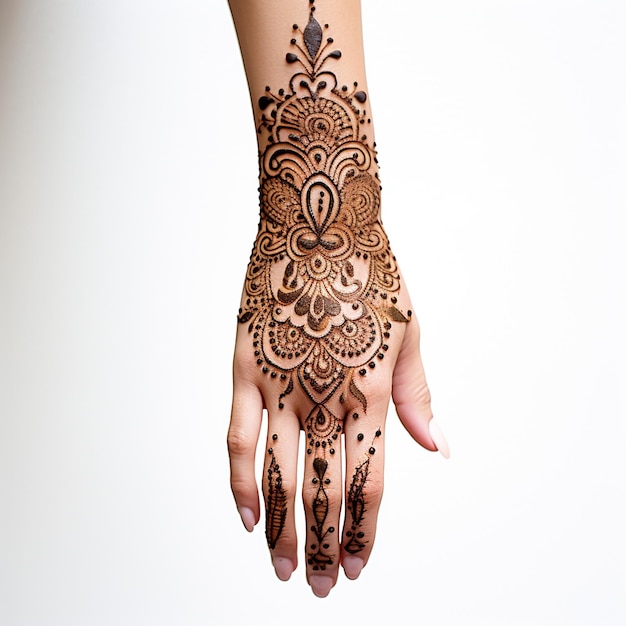 Фото Изображение хны на женской руке, изолированной на белом новом дизайне мехнди, созданном ии