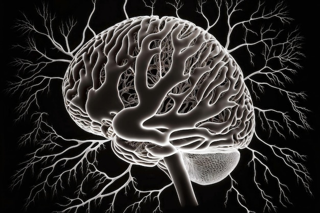 Фото Изображение человеческого мозга в виде расходящихся сосудов на черном фоне