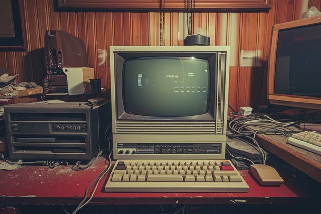 Photo an image of an old computer placed on top of a wooden desk retro image of an old computer setup ai generated