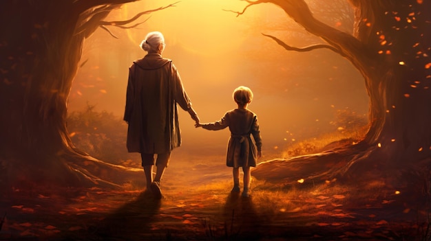 Image of an old woman and a kid holding hands together