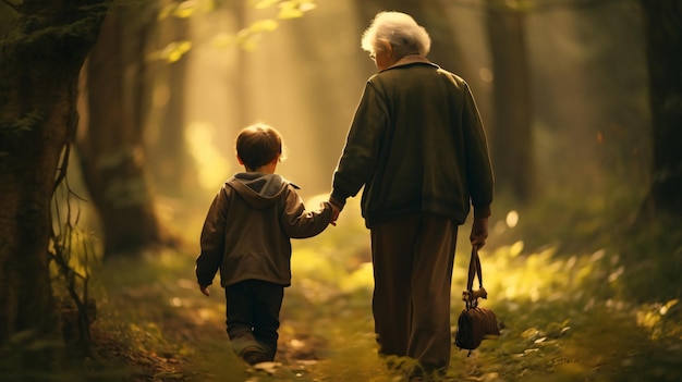 Image of an old woman and a kid holding hands together