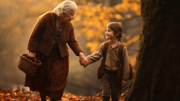 Image of an old woman and a kid holding hands together