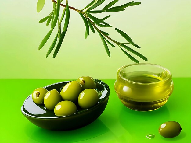 Photo image of olive oil and olives being poured into glass bowl with leaves on a green background