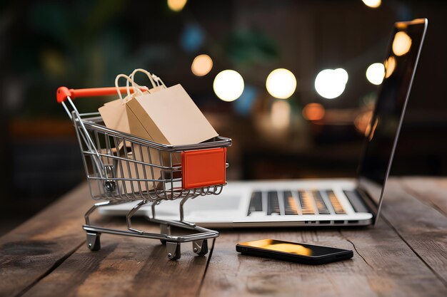 Photo image online shopping concept cart laptop on table