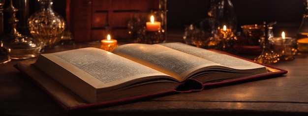 image of open antique book on wooden table with glitter overlay