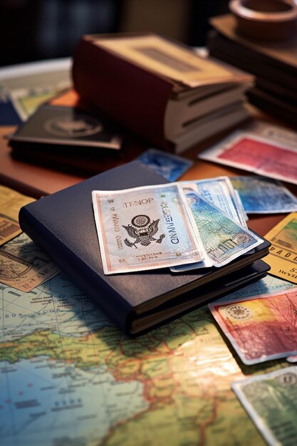 Photo image of an open passport with visa stamps on the table different country stamps