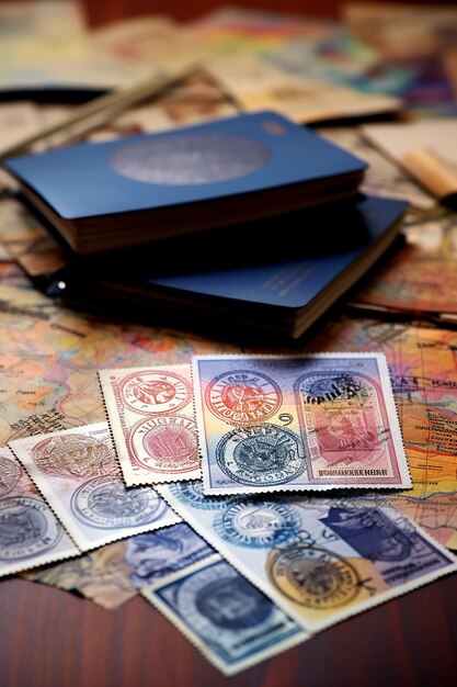 Photo image of an open passport with visa stamps on the table different country stamps