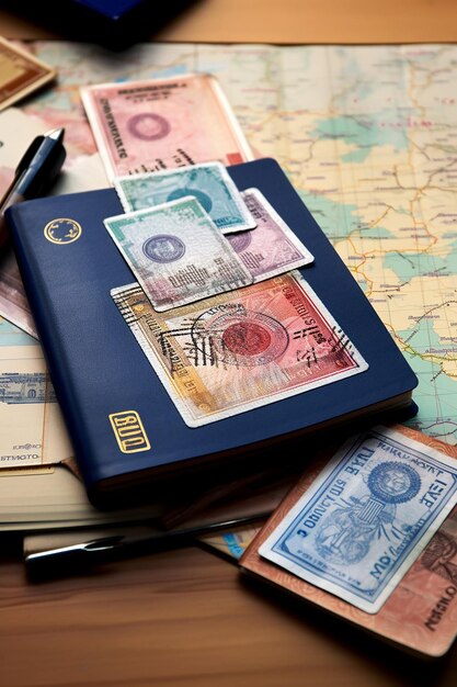 Image of an open passport with visa stamps on the table different country stamps