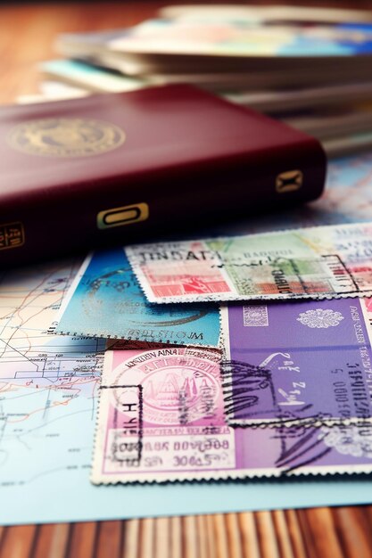 Photo image of an open passport with visa stamps on the table different country stamps