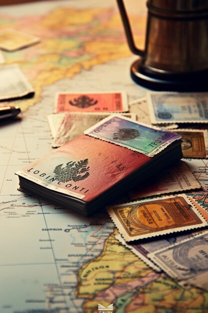 Photo image of an open passport with visa stamps on the table different country stamps