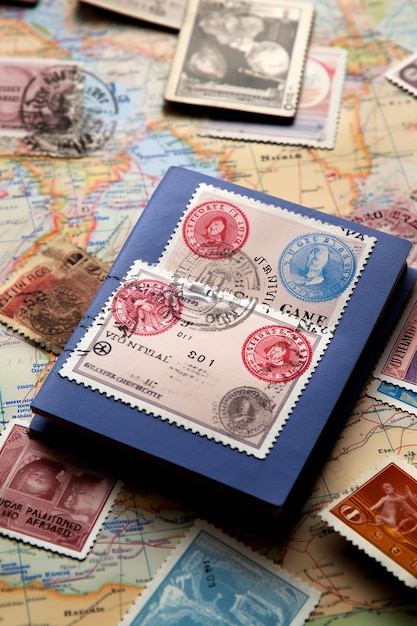 Photo image of an open passport with visa stamps on the table different country stamps