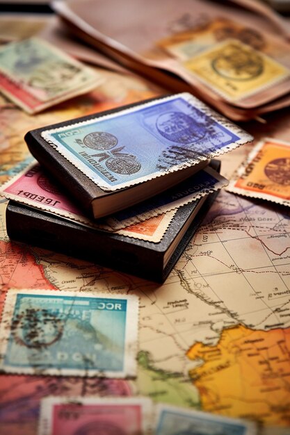 Photo image of an open passport with visa stamps on the table different country stamps