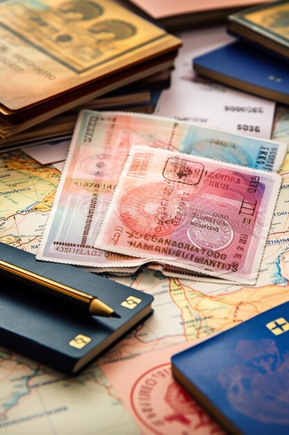 Image of an open passport with visa stamps on the table different country stamps