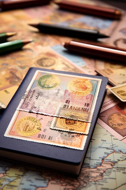 Photo image of an open passport with visa stamps on the table different country stamps