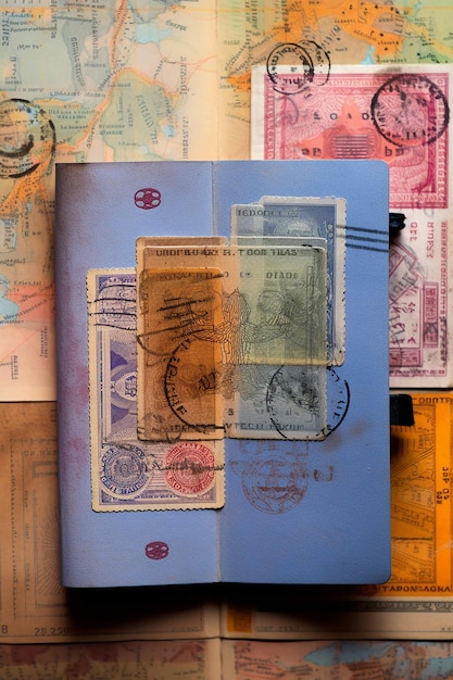 Photo image of an open passport with visa stamps on the table different country stamps