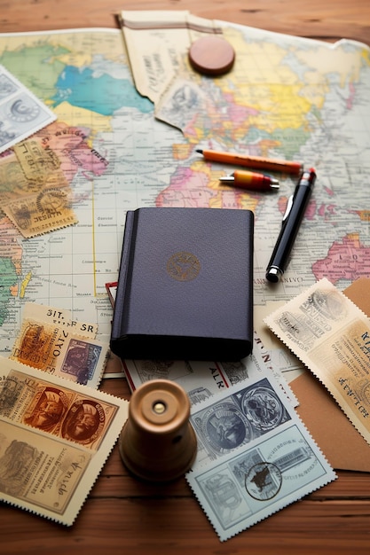 Photo image of an open passport with visa stamps on the table different country stamps