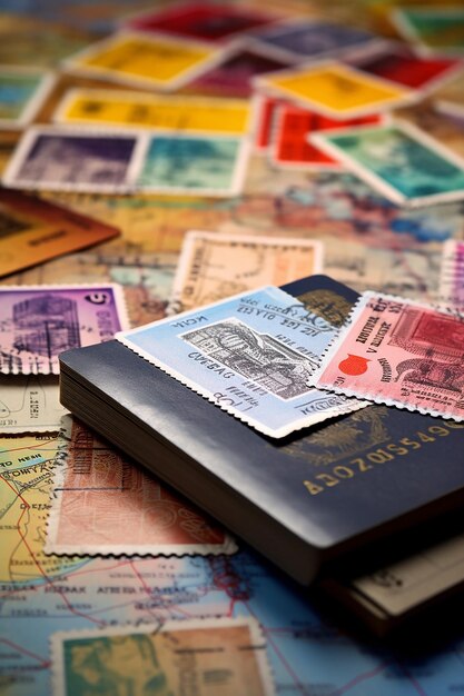 Photo image of an open passport with visa stamps on the table different country stamps