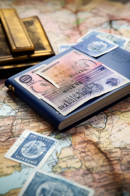 Image of an open passport with visa stamps on the table different country stamps