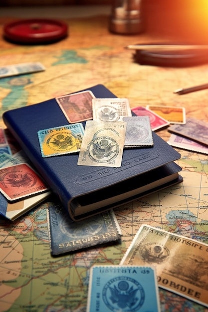 Photo image of an open passport with visa stamps on the table different country stamps