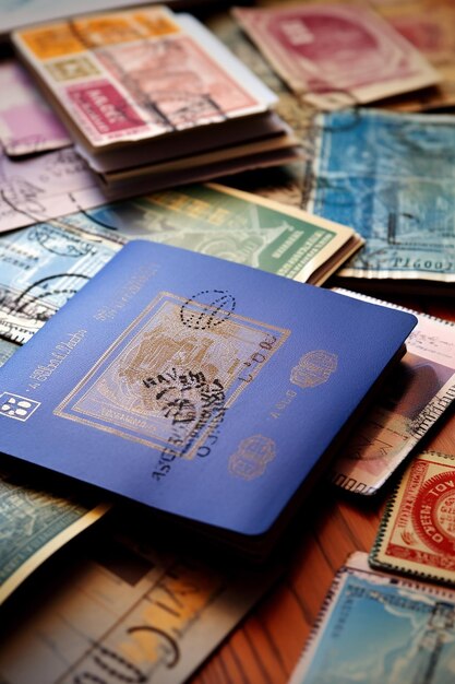 Photo image of an open passport with visa stamps on the table different country stamps