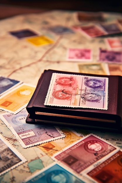 Image of an open passport with visa stamps on the table different country stamps