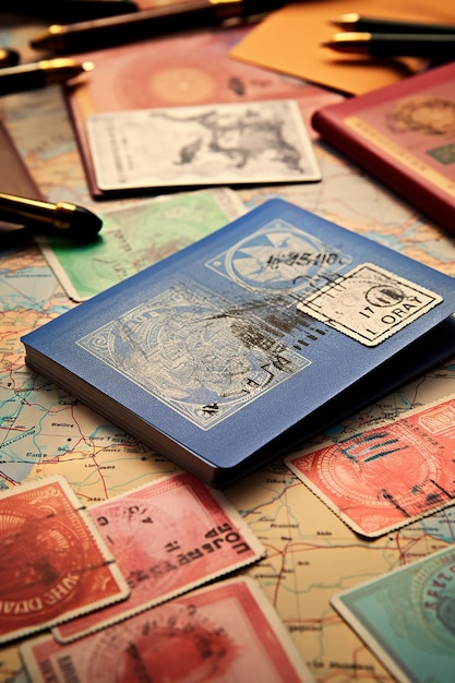 Photo image of an open passport with visa stamps on the table different country stamps