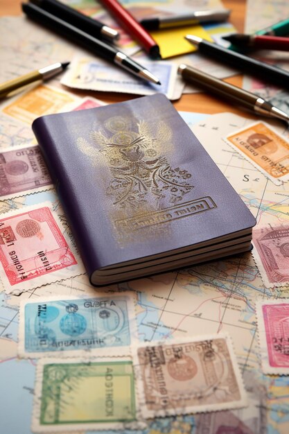 Photo image of an open passport with visa stamps on the table different country stamps