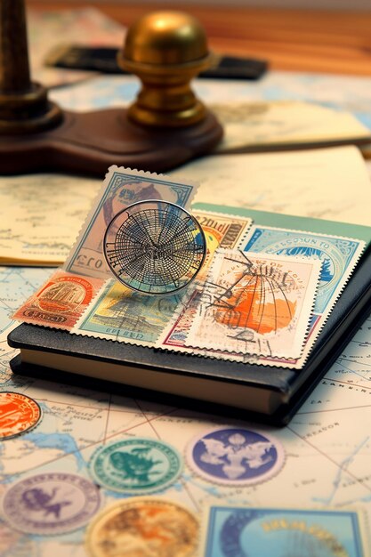 Photo image of an open passport with visa stamps on the table different country stamps