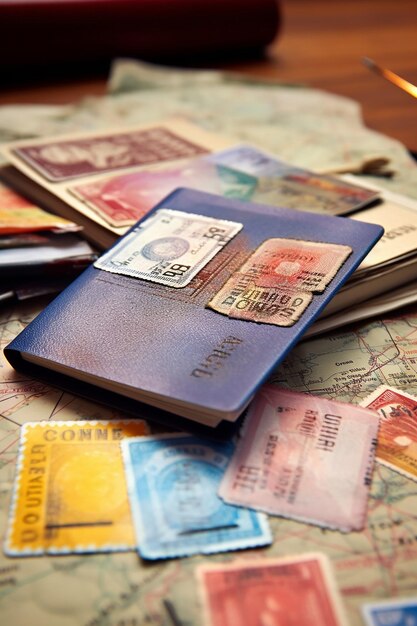 Image of an open passport with visa stamps on the table different country stamps