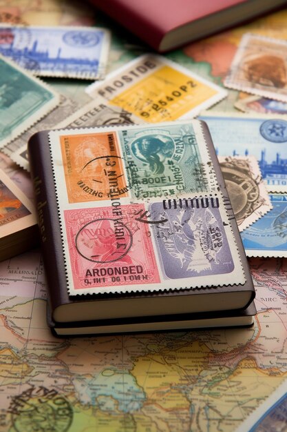 Image of an open passport with visa stamps on the table different country stamps