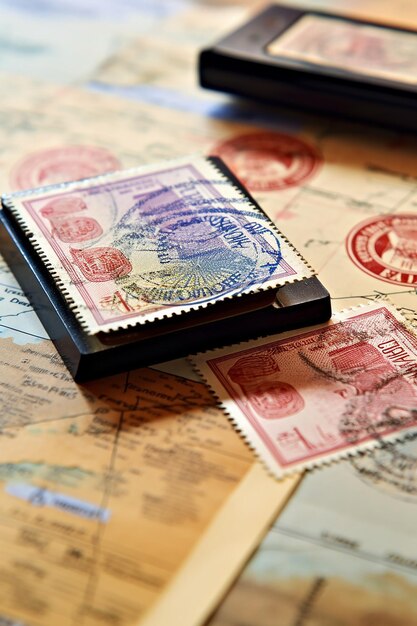 Image of an open passport with visa stamps on the table