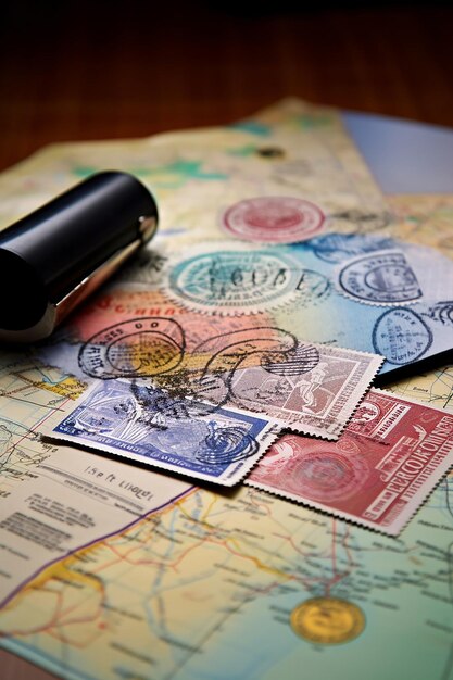 Foto immagine di un passaporto aperto con francobolli di visto sul tavolo