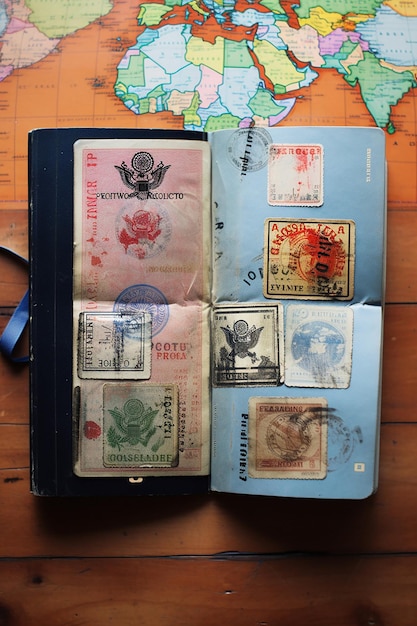 Image of an open passport with visa stamps