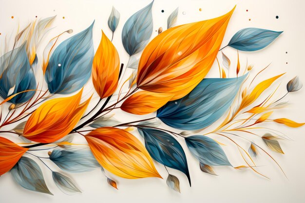 Image of orange and blue leaves on white background Generative AI