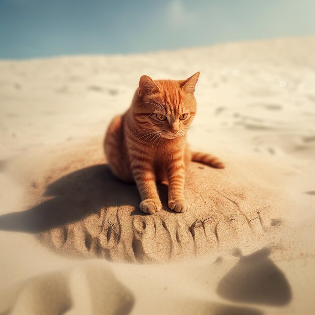 image of a orange cat playing on the beach