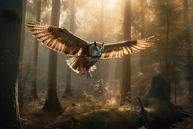 Image of an owl is flying in the forest Wild Animals Bird illustration Generative AI