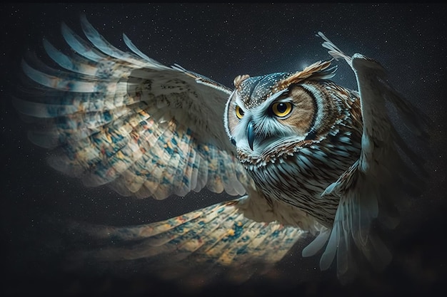 暗闇の中を羽を広げて飛んでいるフクロウの画像 野生動物 鳥 イラスト ジェネレーティブ AI