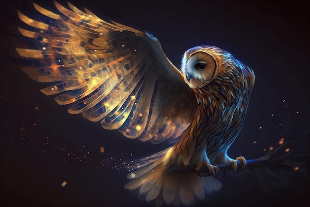 Image of An owl is spreading its wings and flying in the dark Wildlife Birds illustration generative AI