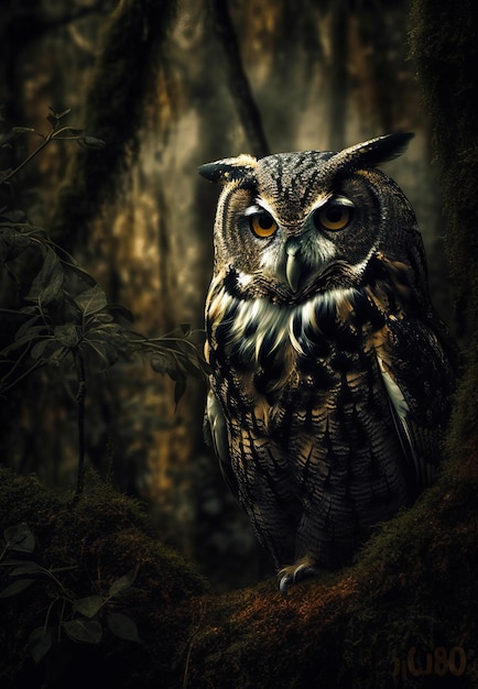 Image of an owl in the middle of the forest on natural background Birds Wild Animals illustration Generative AI