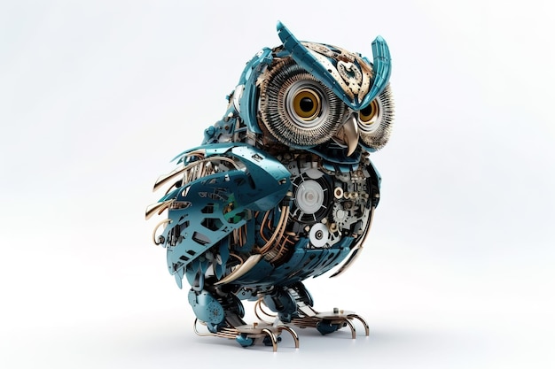 Image of an owl modified into a robot on a white background Wild animals illustration generative AI