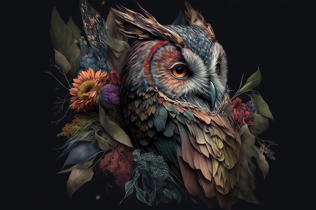 Image of an owl with beautiful flowers Bird Wildlife Animals Illustration Generative AI