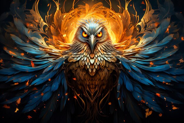 Image of owl with wings and flames in the background Generative AI