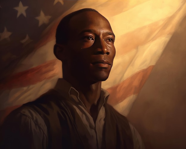 A image of painting of an african american man looking to the future with American flag