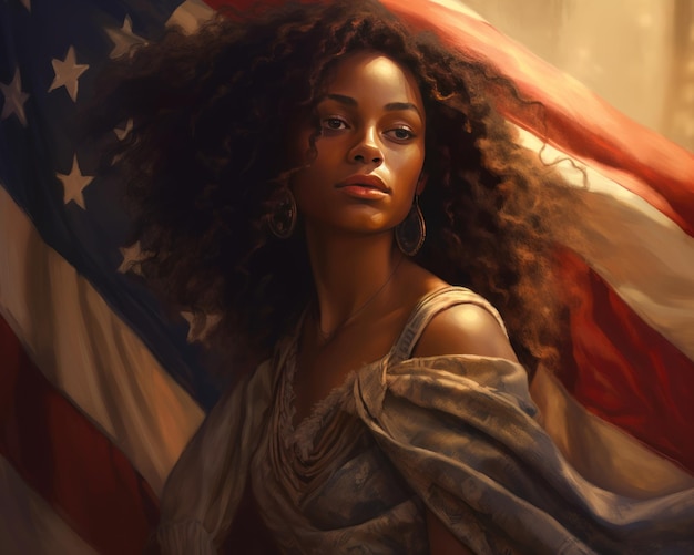 A image of painting of a beautiful strong african american woman with the American flag in the backg