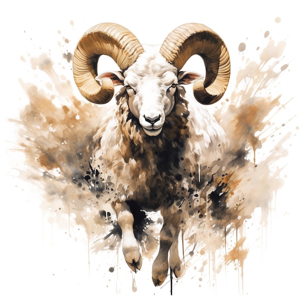 Image of painting bighorn sheep with beautiful horns on white background Farm animals Illustration Generative AI