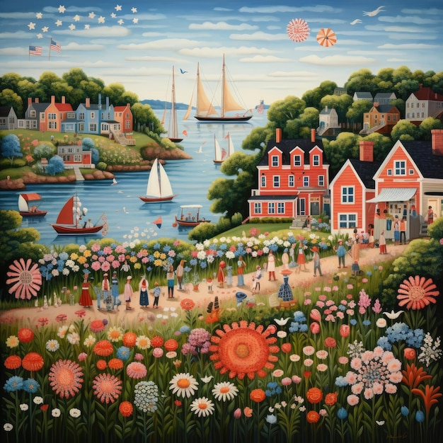 an image of a painting of a flower garden with people a