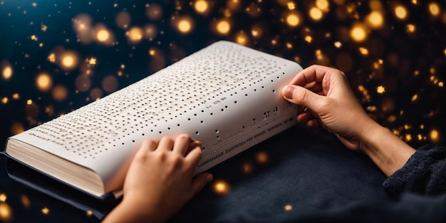 Image of a pair of hands holding a piece of paper with the braille alphabet written on it